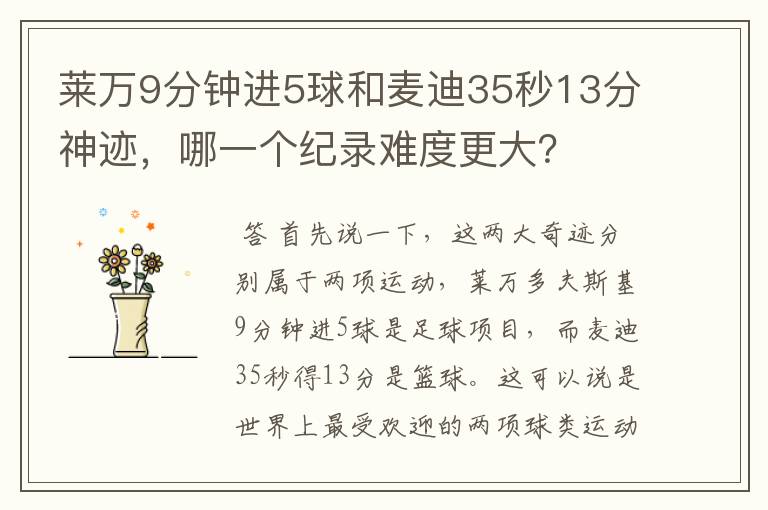 莱万9分钟进5球和麦迪35秒13分神迹，哪一个纪录难度更大？