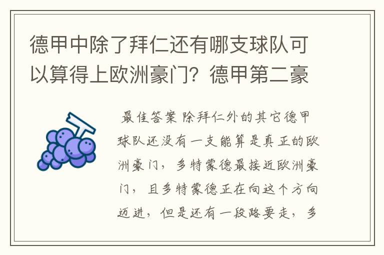 德甲中除了拜仁还有哪支球队可以算得上欧洲豪门？德甲第二豪门是谁？国家德比是拜仁对谁？