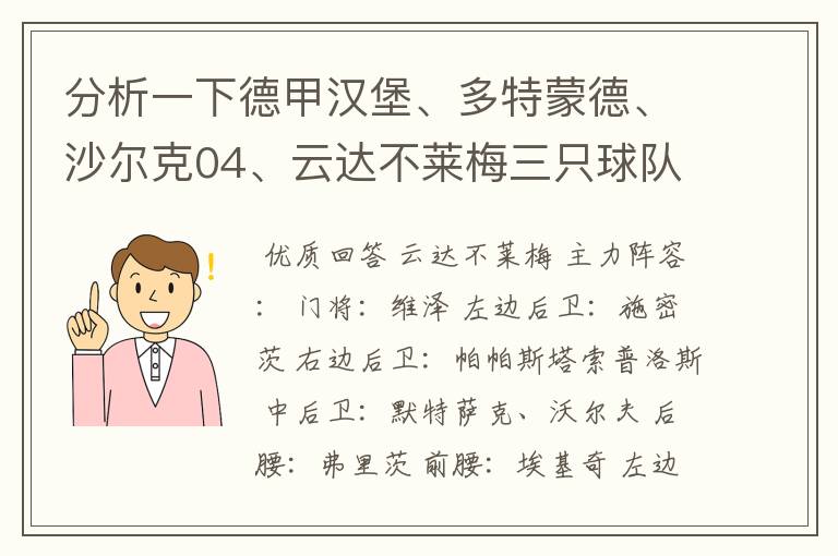 分析一下德甲汉堡、多特蒙德、沙尔克04、云达不莱梅三只球队的人员打法和阵型