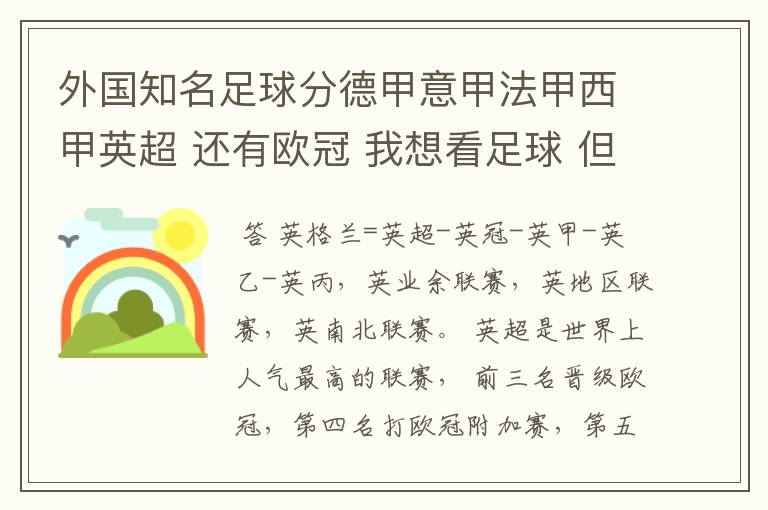 外国知名足球分德甲意甲法甲西甲英超 还有欧冠 我想看足球 但不知道怎么分辨他们怎么进行比赛的