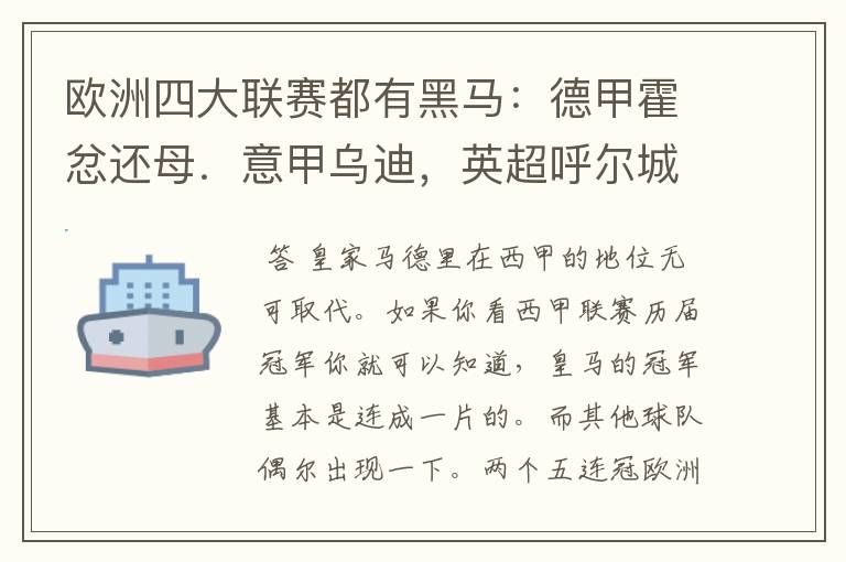 欧洲四大联赛都有黑马：德甲霍忿还母．意甲乌迪，英超呼尔城，西甲皇家马德里