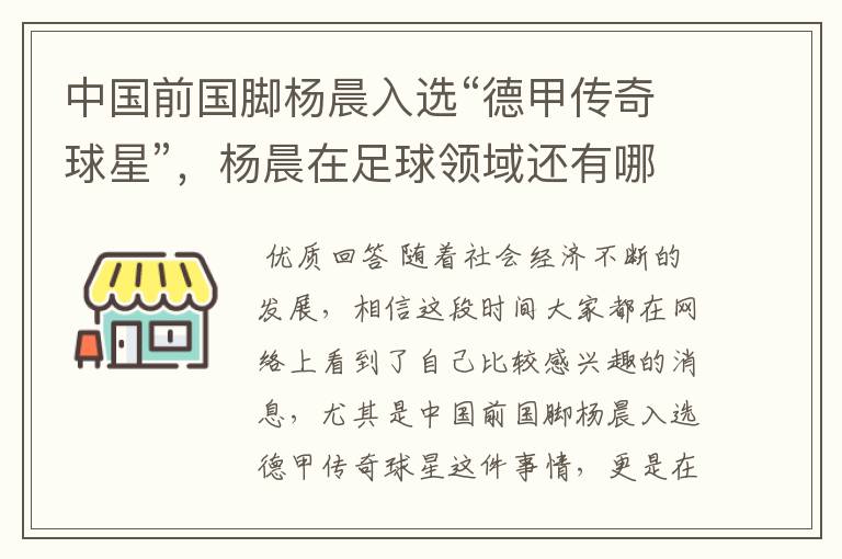 中国前国脚杨晨入选“德甲传奇球星”，杨晨在足球领域还有哪些成就？