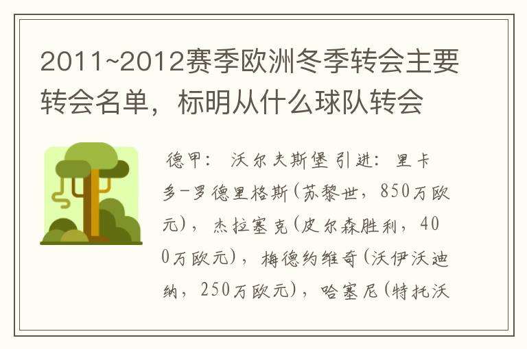 2011~2012赛季欧洲冬季转会主要转会名单，标明从什么球队转会到什么球队，多谢~