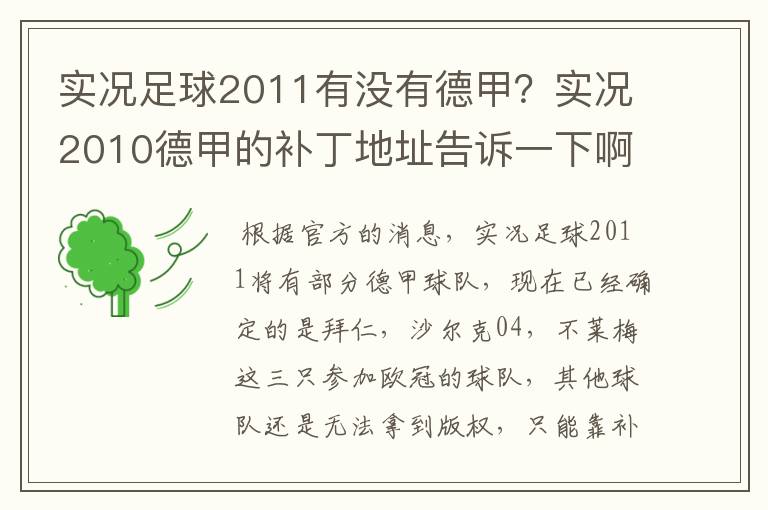 实况足球2011有没有德甲？实况2010德甲的补丁地址告诉一下啊