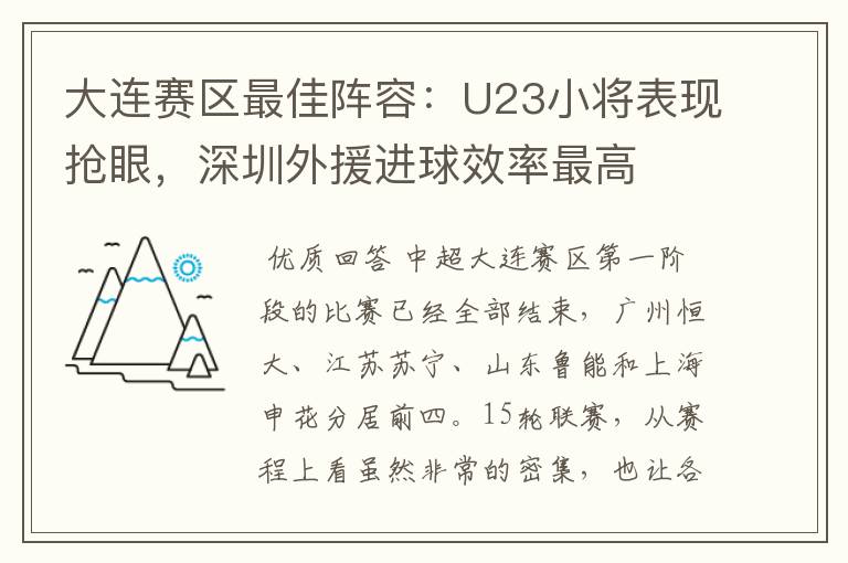 大连赛区最佳阵容：U23小将表现抢眼，深圳外援进球效率最高