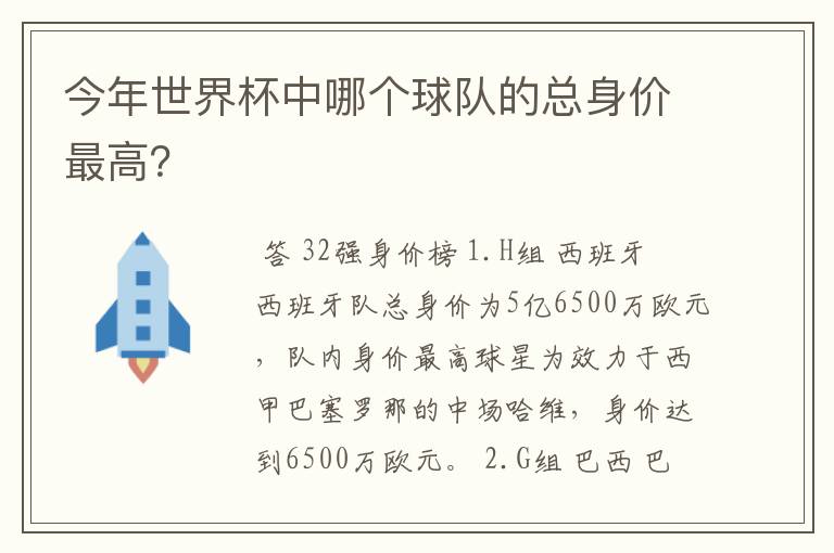 今年世界杯中哪个球队的总身价最高？