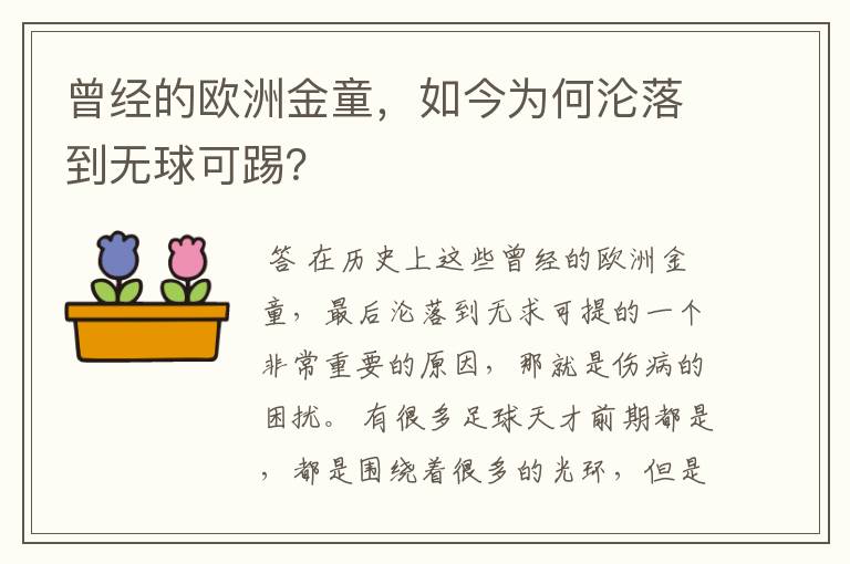 曾经的欧洲金童，如今为何沦落到无球可踢？