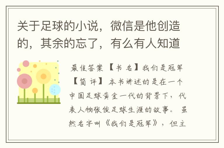 关于足球的小说，微信是他创造的，其余的忘了，有么有人知道叫啥