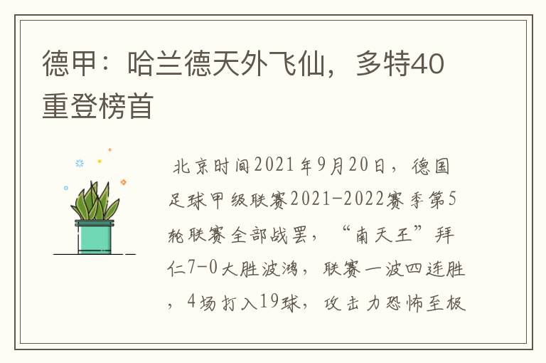 德甲：哈兰德天外飞仙，多特40重登榜首