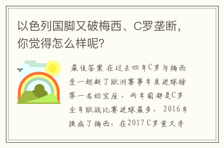 以色列国脚又破梅西、C罗垄断，你觉得怎么样呢？