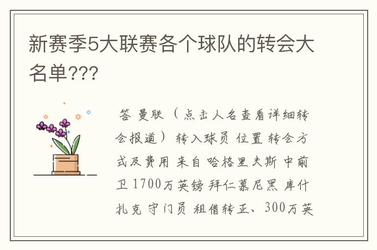 新赛季5大联赛各个球队的转会大名单???