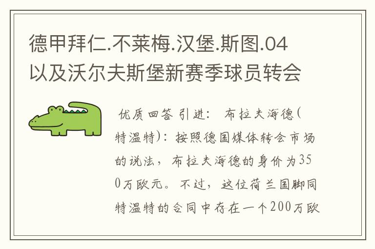 德甲拜仁.不莱梅.汉堡.斯图.04以及沃尔夫斯堡新赛季球员转会一览