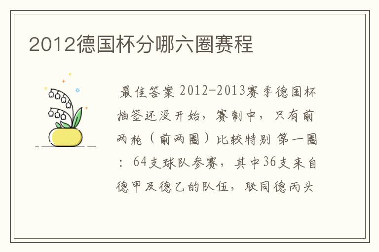 2012德国杯分哪六圈赛程