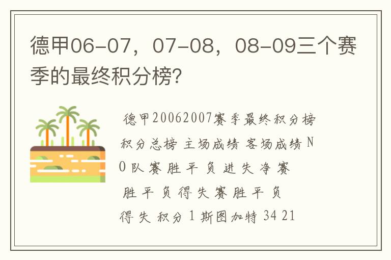 德甲06-07，07-08，08-09三个赛季的最终积分榜？