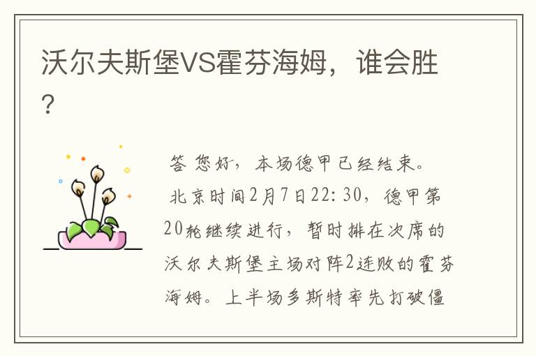 沃尔夫斯堡VS霍芬海姆，谁会胜?