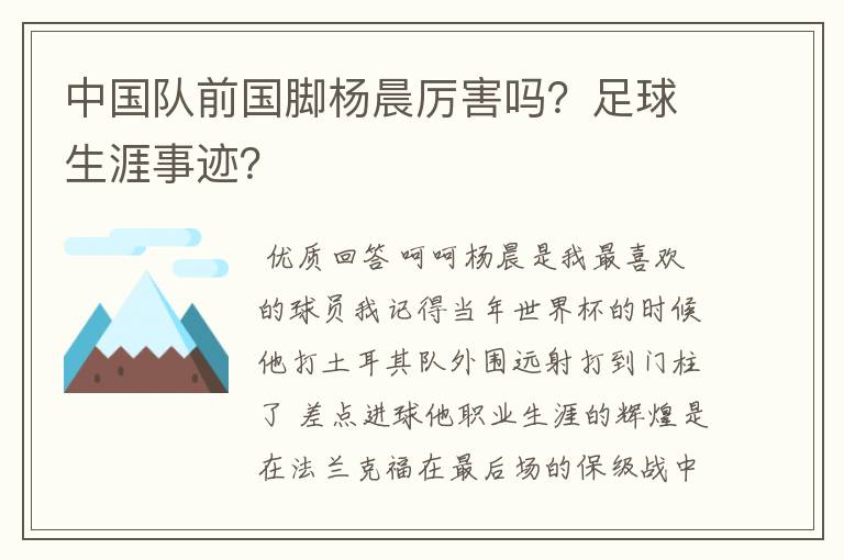 中国队前国脚杨晨厉害吗？足球生涯事迹？