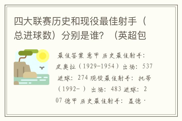 四大联赛历史和现役最佳射手（总进球数）分别是谁？（英超包括英甲）