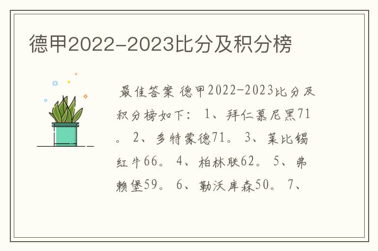 德甲2022-2023比分及积分榜