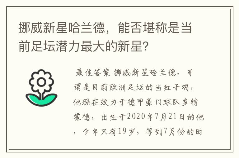 挪威新星哈兰德，能否堪称是当前足坛潜力最大的新星？