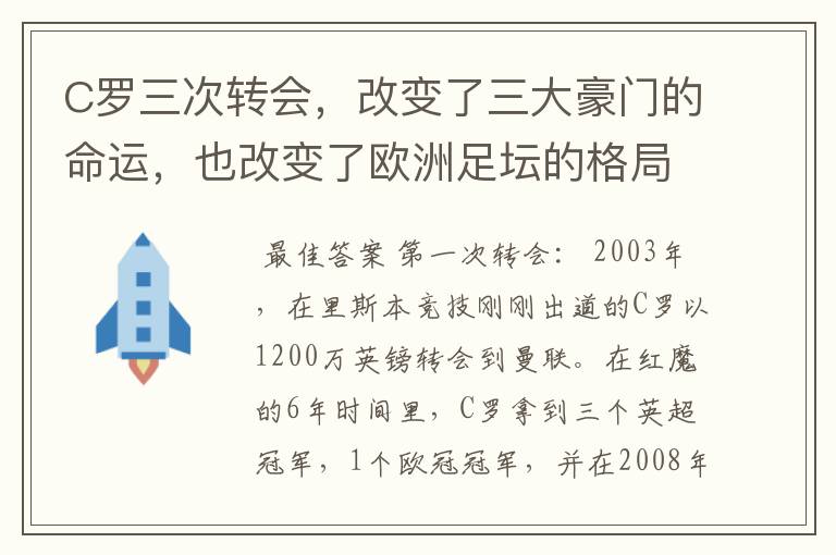 C罗三次转会，改变了三大豪门的命运，也改变了欧洲足坛的格局