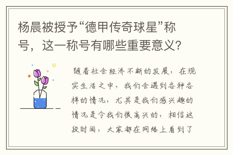 杨晨被授予“德甲传奇球星”称号，这一称号有哪些重要意义？