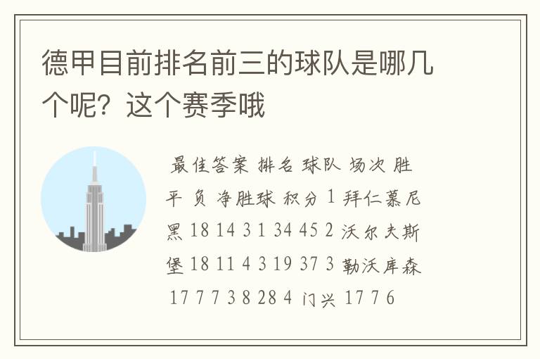 德甲目前排名前三的球队是哪几个呢？这个赛季哦