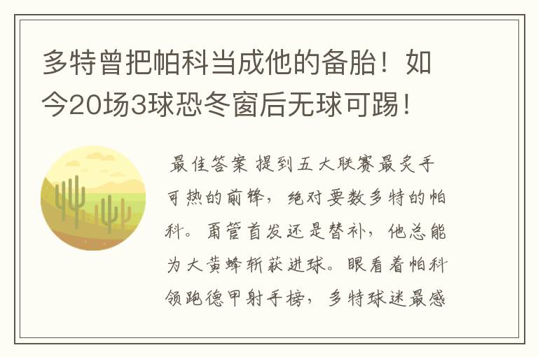 多特曾把帕科当成他的备胎！如今20场3球恐冬窗后无球可踢！