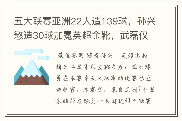 五大联赛亚洲22人造139球，孙兴慜造30球加冕英超金靴，武磊仅1球