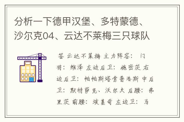 分析一下德甲汉堡、多特蒙德、沙尔克04、云达不莱梅三只球队的人员打法和阵型