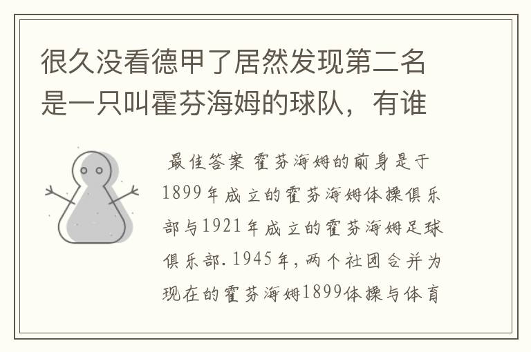 很久没看德甲了居然发现第二名是一只叫霍芬海姆的球队，有谁知道吗