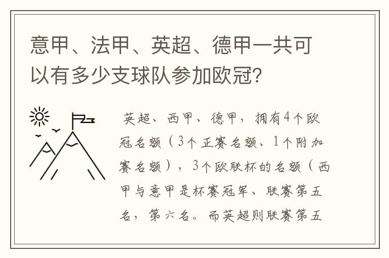 意甲、法甲、英超、德甲一共可以有多少支球队参加欧冠？