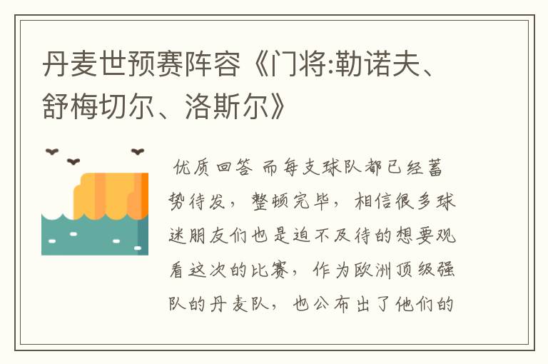 丹麦世预赛阵容《门将:勒诺夫、舒梅切尔、洛斯尔》