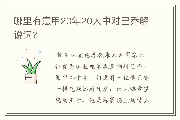 哪里有意甲20年20人中对巴乔解说词？