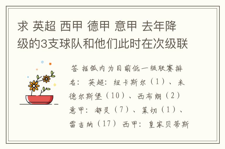 求 英超 西甲 德甲 意甲 去年降级的3支球队和他们此时在次级联赛的排名