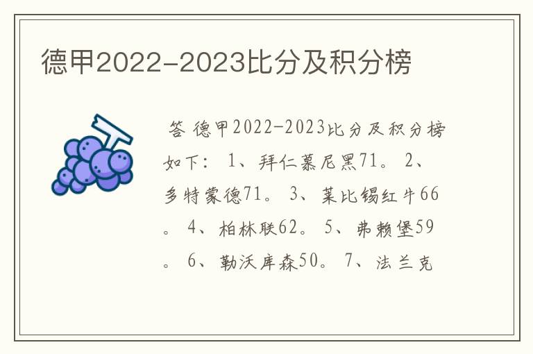 德甲2022-2023比分及积分榜