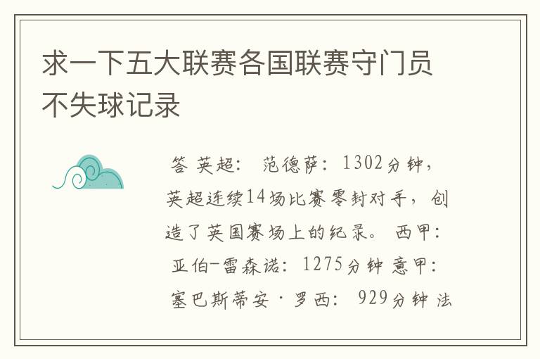 求一下五大联赛各国联赛守门员不失球记录