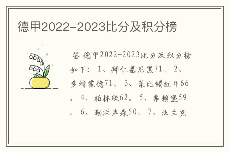 德甲2022-2023比分及积分榜