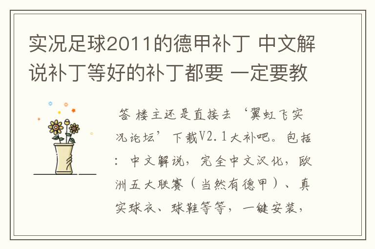 实况足球2011的德甲补丁 中文解说补丁等好的补丁都要 一定要教下怎么安装啊 真的不懂