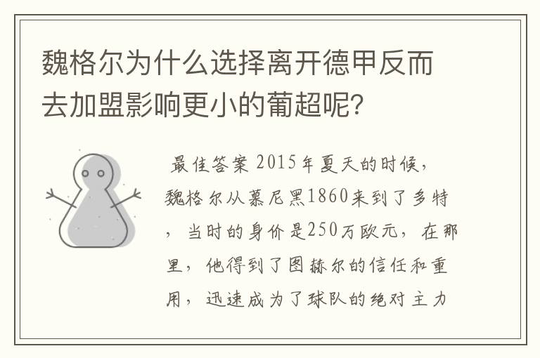 魏格尔为什么选择离开德甲反而去加盟影响更小的葡超呢？