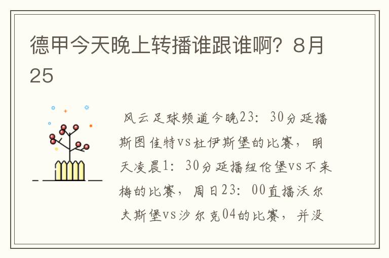 德甲今天晚上转播谁跟谁啊？8月25