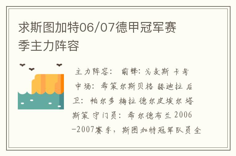 求斯图加特06/07德甲冠军赛季主力阵容