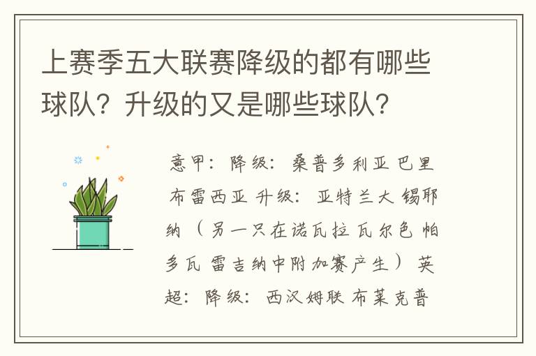 上赛季五大联赛降级的都有哪些球队？升级的又是哪些球队？