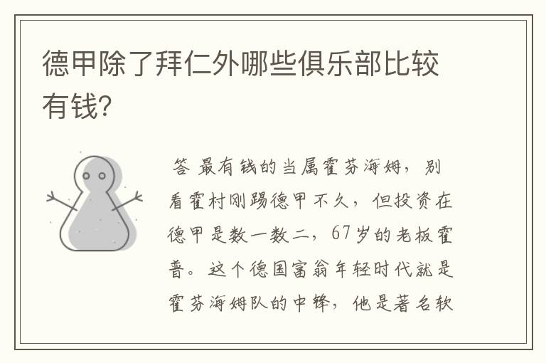 德甲除了拜仁外哪些俱乐部比较有钱？