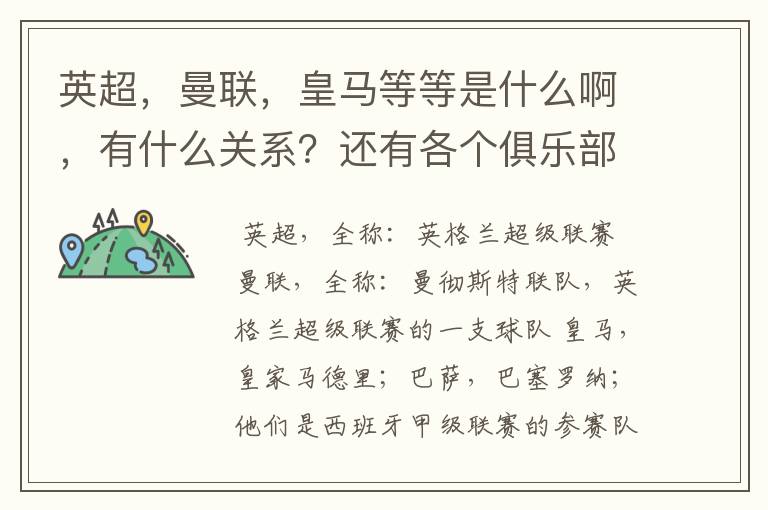 英超，曼联，皇马等等是什么啊，有什么关系？还有各个俱乐部，各个球队之间是什么关系