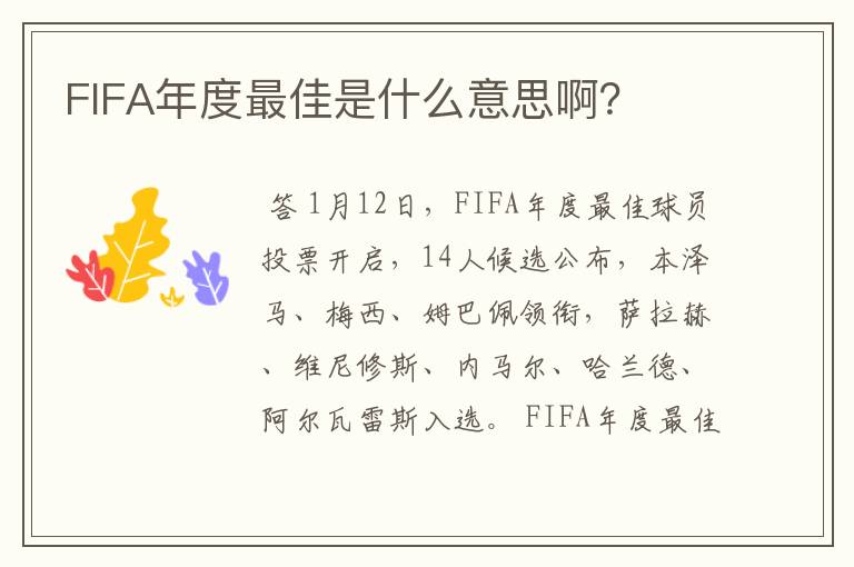 FIFA年度最佳是什么意思啊？