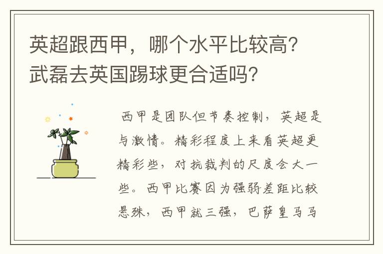 英超跟西甲，哪个水平比较高？武磊去英国踢球更合适吗？