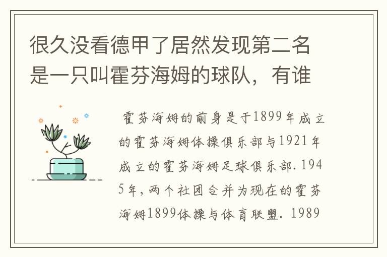 很久没看德甲了居然发现第二名是一只叫霍芬海姆的球队，有谁知道吗