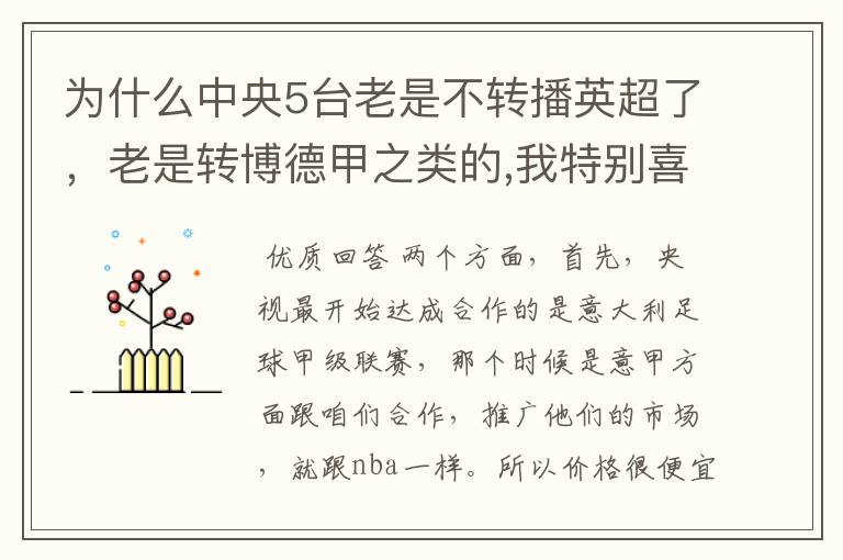 为什么中央5台老是不转播英超了，老是转博德甲之类的,我特别喜欢看英超？