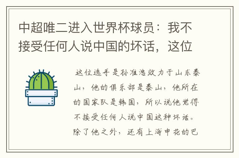 中超唯二进入世界杯球员：我不接受任何人说中国的坏话，这位选手是谁？