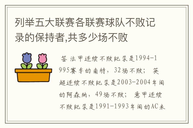 列举五大联赛各联赛球队不败记录的保持者,共多少场不败